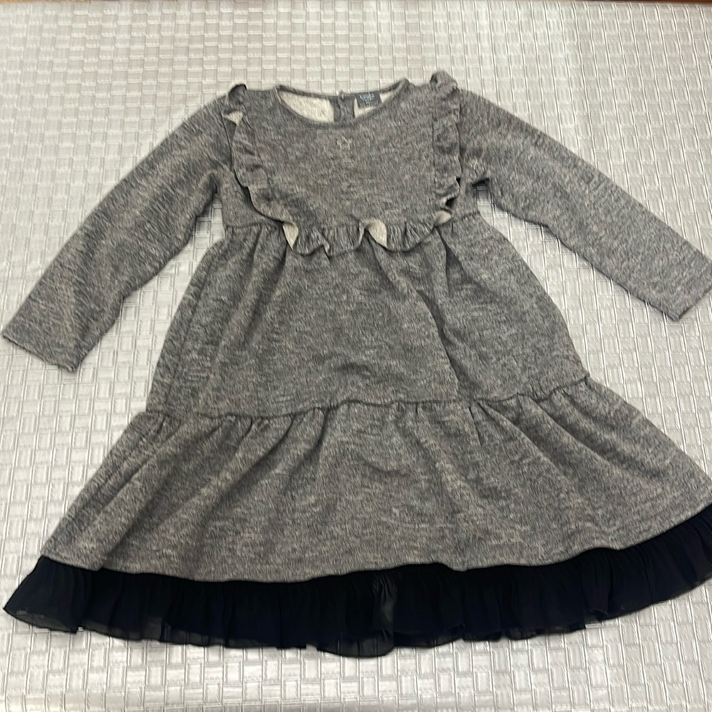 Tocoto Vintage Girls Heather Gray Ruffle Dress Size 10 Long Sleeve Chiffon Hem